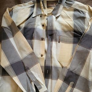 Men's Casual Button Down Shirt - Cream and Gray Plaid